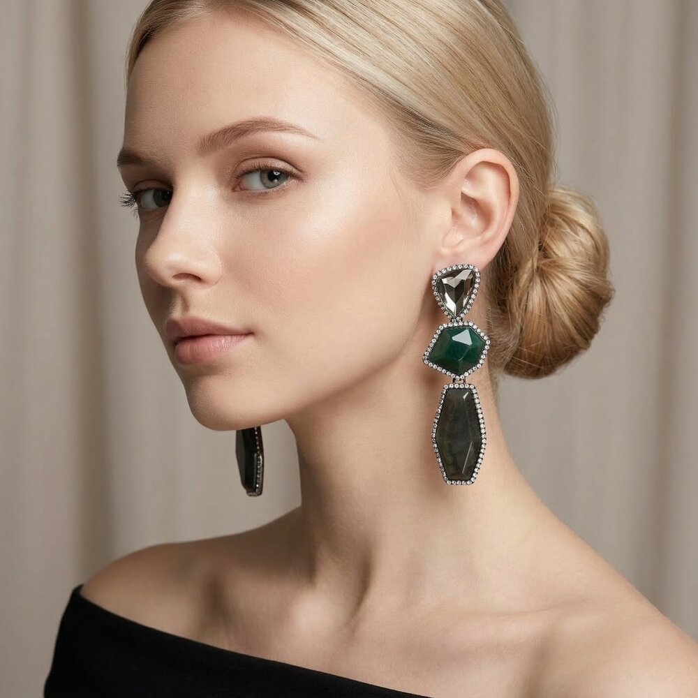 Geometric Statement Clip-On Earrings Green Gray Rhinestone Trim Y2K - Picture 2 of 6